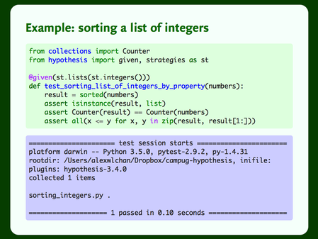 Some Python code showing how to run a test with Hypothesis, and what the output looks like.